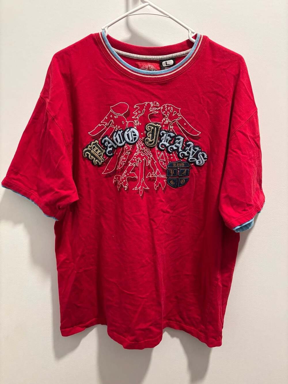 Vintage Paco Jeans 90s Y2K Hip-Hop Tee Shirt JNCO Style Size 4XL Red Embroidered